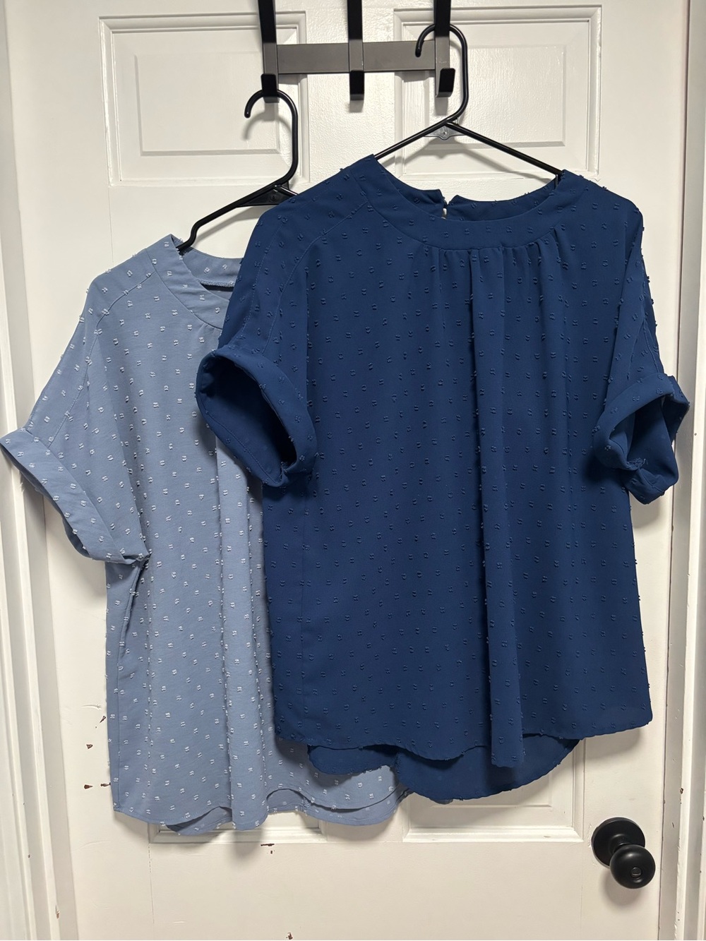 SHEIN Short-Sleeve Textured Blouse - Navy & Light Blue